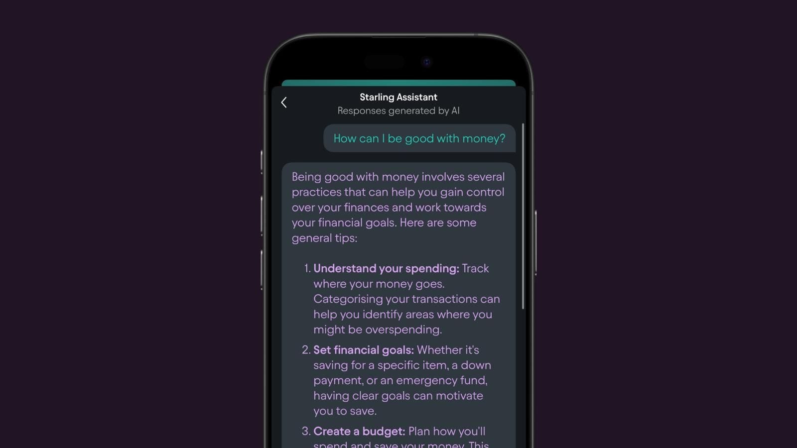 Starling Assistant giving financial advice