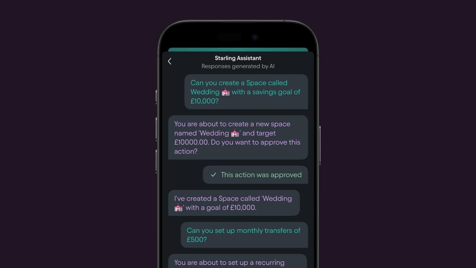 Starling Assistant creating a savings Space with approval flow