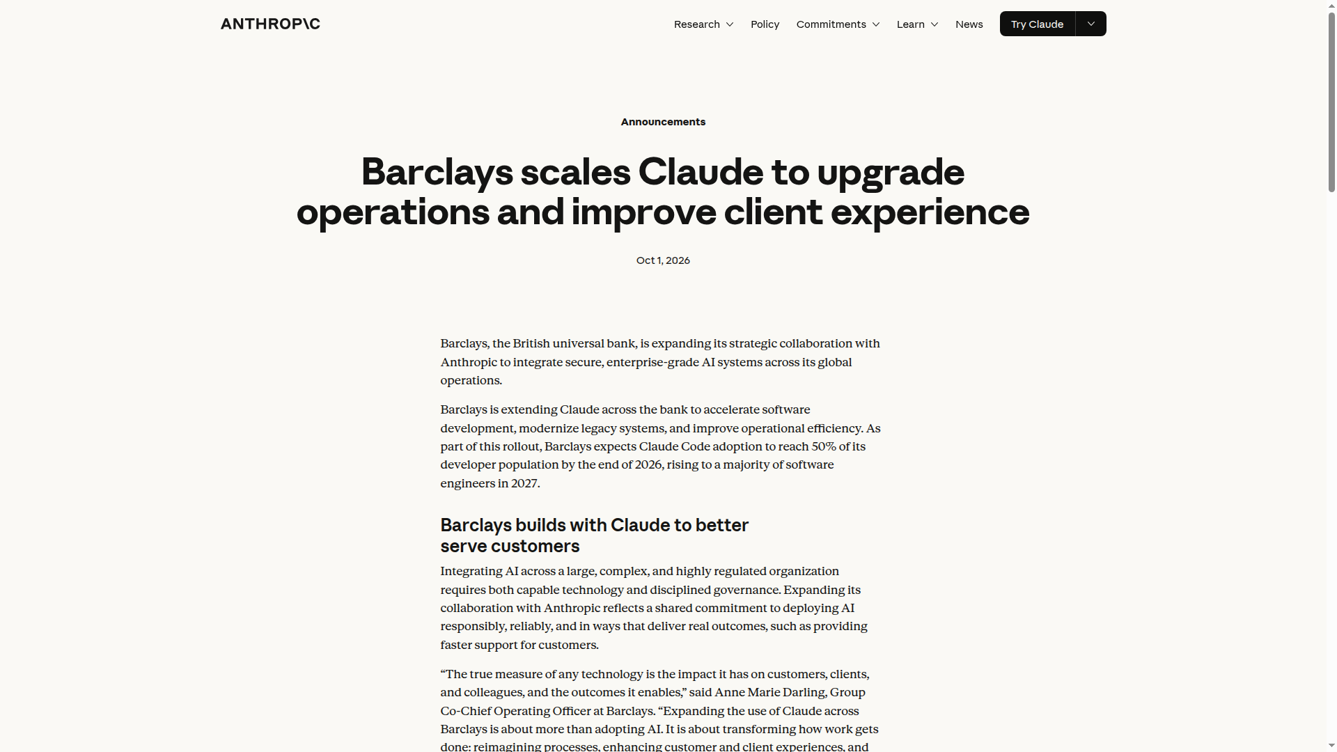 Barclays expands Anthropic partnership as Claude sorts 120,000 client emails a day