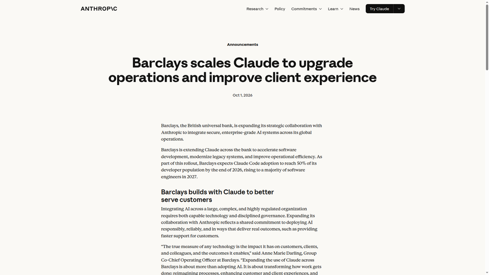 Barclays expands Anthropic partnership as Claude sorts 120,000 client emails a day